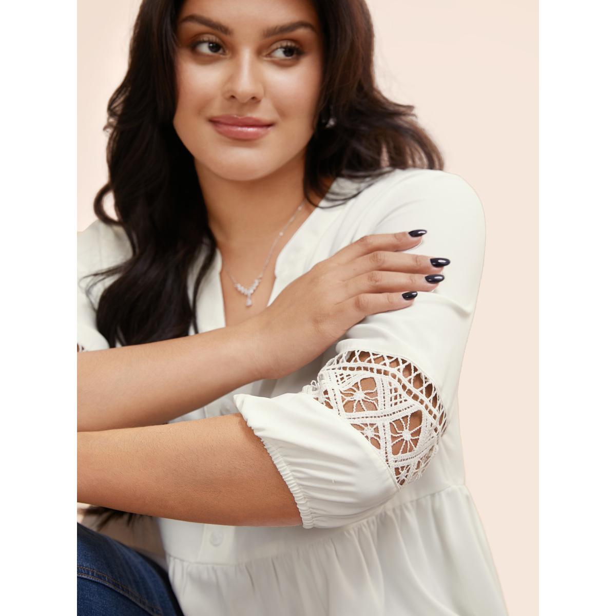 Plus Size WhiteSmoke Notched Patchwork Cut Out Lantern Sleeve Blouse Women At the Office Elbow-length sleeve Flat collar with V-notch Office Blouses BloomChic 30/6X Product Image