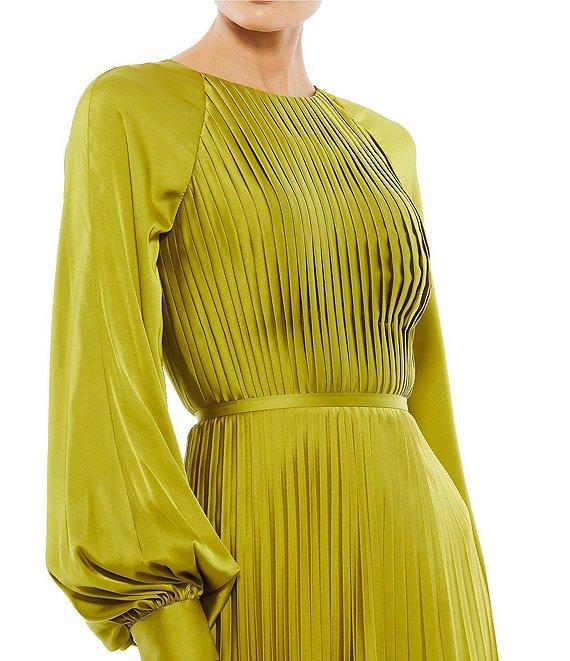 Mac Duggal Crew Neck Long Blouson Cuff Sleeve Pleated High Slit Gown Product Image