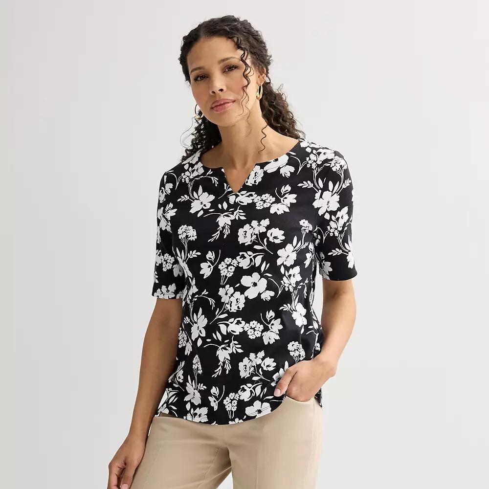 Women's Croft & Barrow® Elbow-Sleeve Splitneck Top, Size: XS, Black Shadow Floral Product Image
