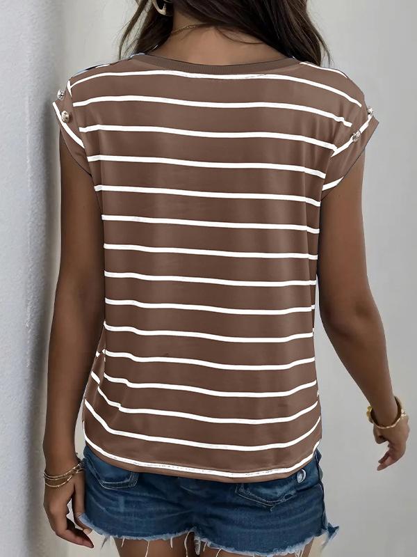 Loose Short Sleeves Split-Joint Striped Round-Neck T-Shirts Product Image