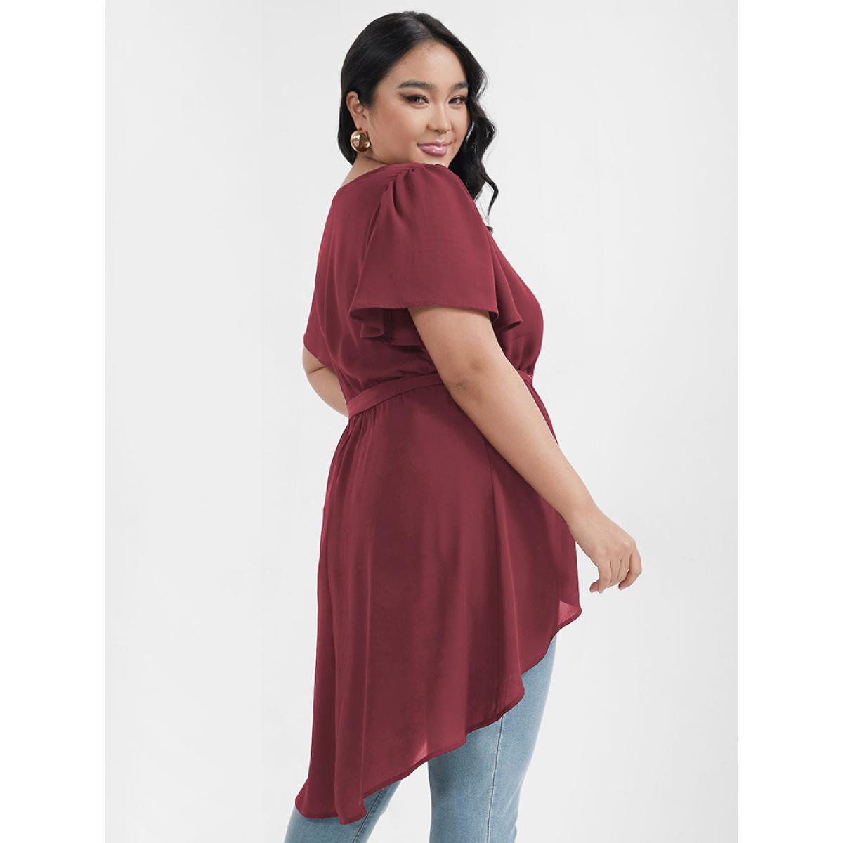 Plus Size Burgundy Plain Asymmetrical Hem Ruffles Belted Wrap Blouse Women Elegant Short sleeve V-neck Dailywear Blouses BloomChic 10/M Product Image