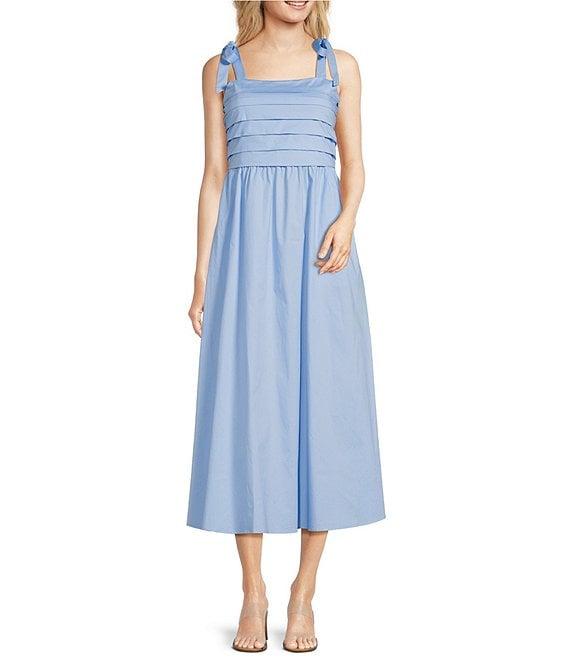 Leslie Fay Square Neck Sleeveless Pleaded Bodice Cotton Poplin Fit and Flare Midi Dress Product Image