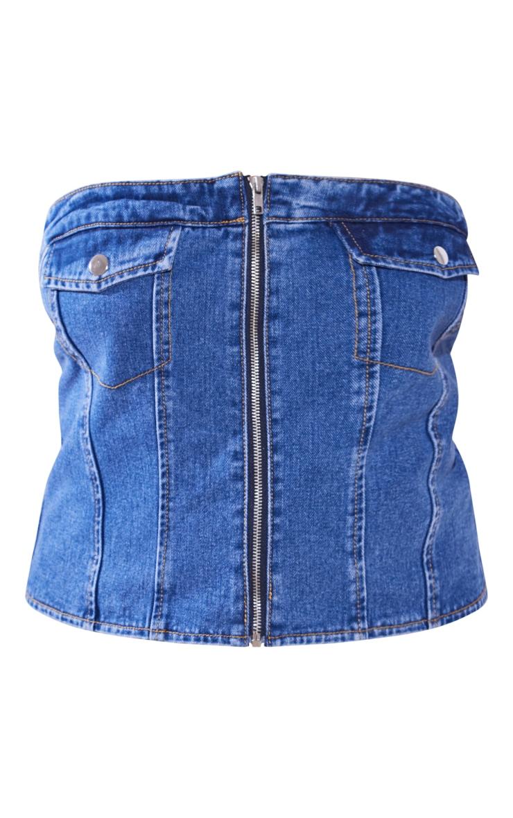 Plus Mid Blue Wash Bandeau Zip Up Denim Corset Product Image
