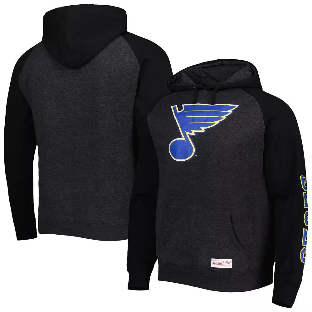 Men's Mitchell & Ness Heather Black St. Louis Blues Distressed Logo Raglan Pullover Hoodie,  Product Image