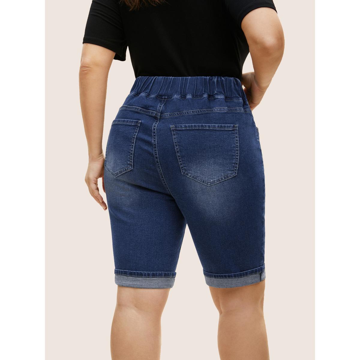 Plus Size Dark Wash Distressed Roll Hem Denim Shorts Women Denimindigo Roll Hem High stretch Everyday Slanted pocket Casual Denim Shorts BloomChic 26/4X Product Image