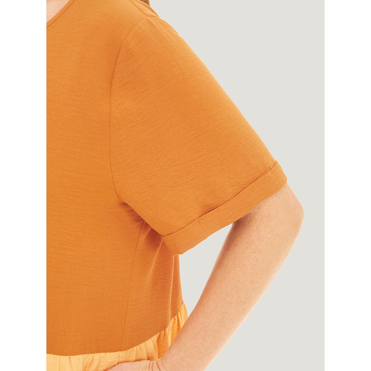 Plus Size Contrast Patchwork Pocket Cuffed Sleeve Dress Multicolor Women Casual Plain Round Neck Short sleeve Curvy Midi Dress BloomChic 10/M Product Image