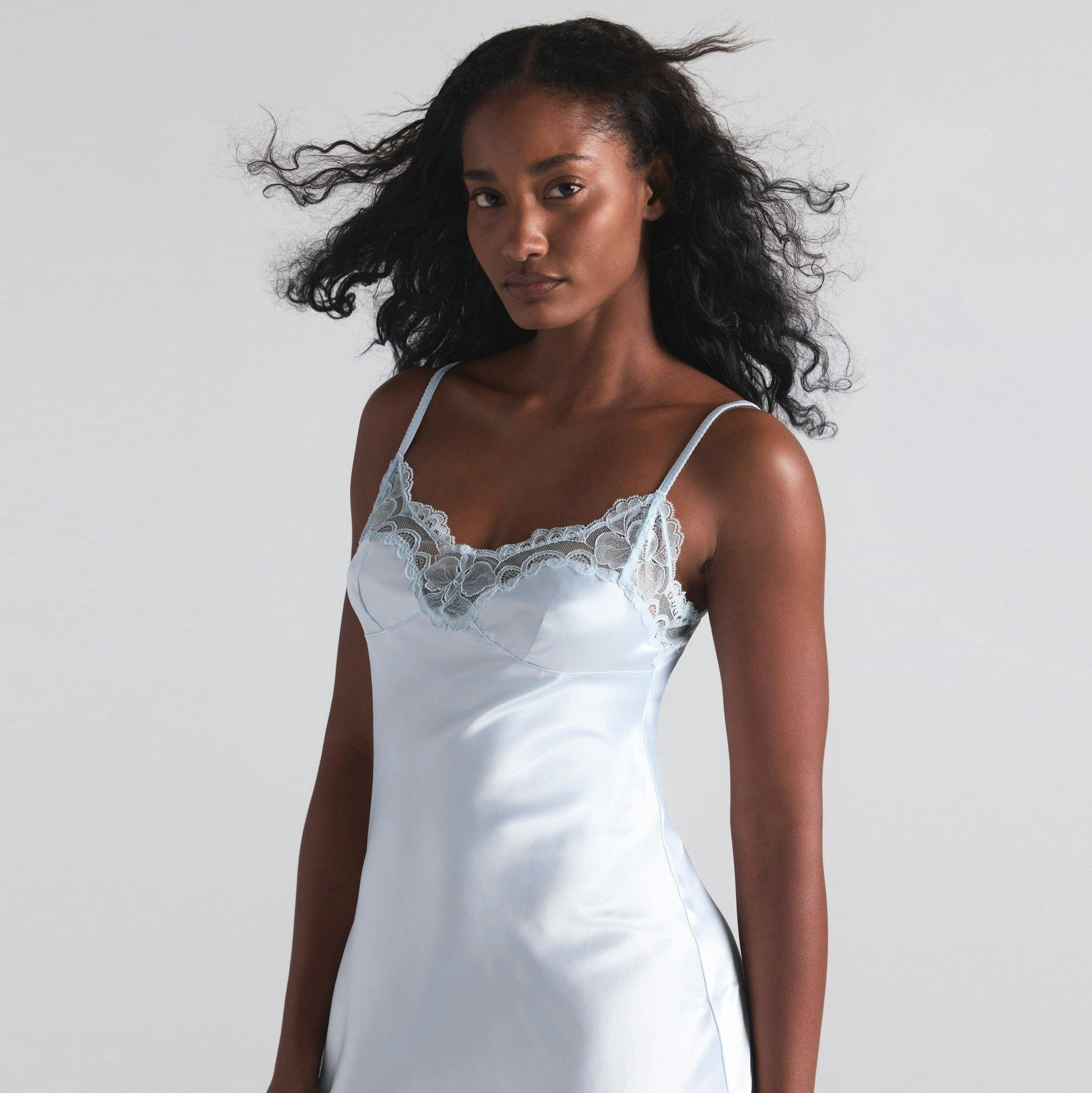 WOVEN SHINE LACE SLIP DRESS | CLOUD Product Image