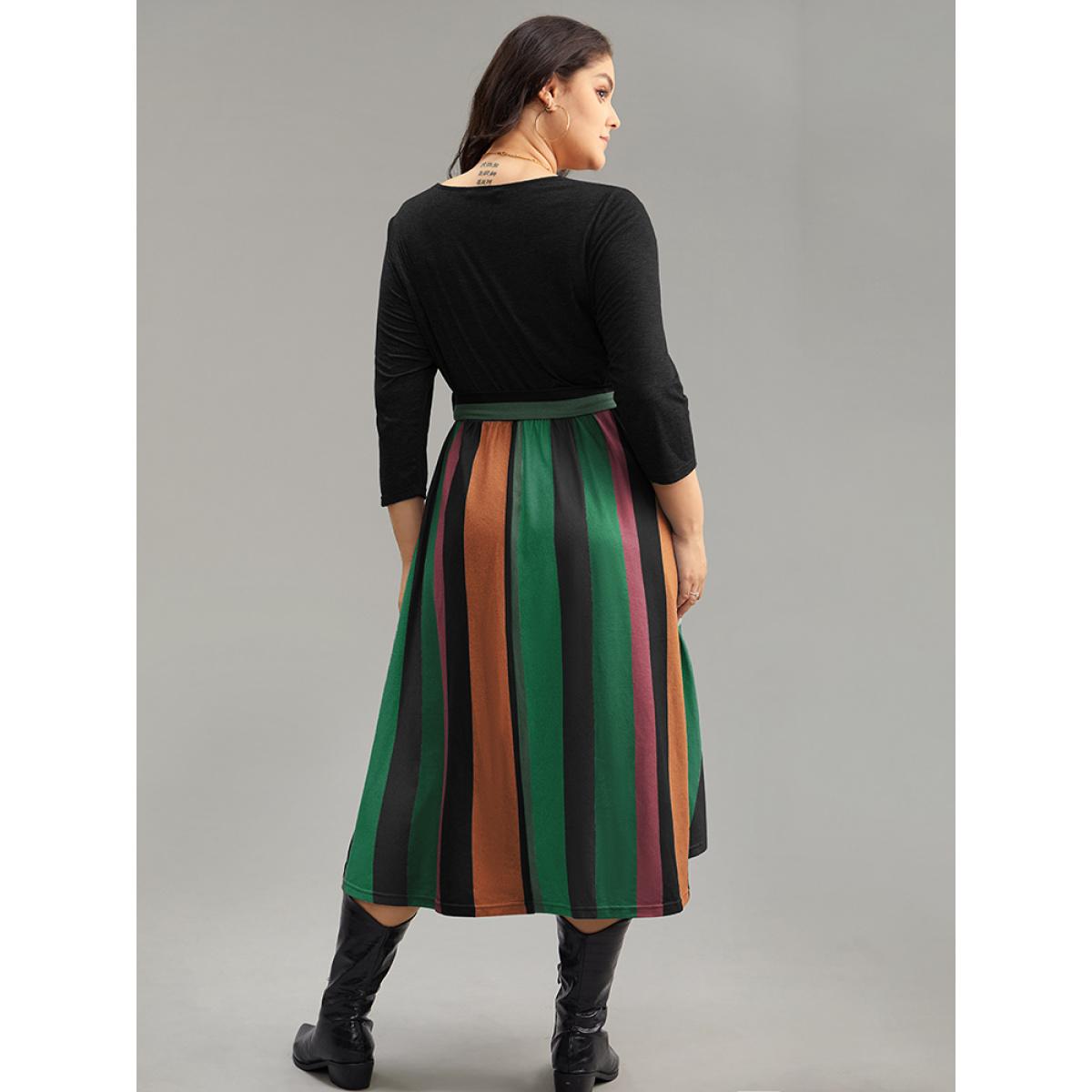 Plus Size Striped Contrast Patchwork Belted Dress Black Women Casual Belted Round Neck Elbow-length sleeve Curvy Midi Dress BloomChic 30/6X Product Image