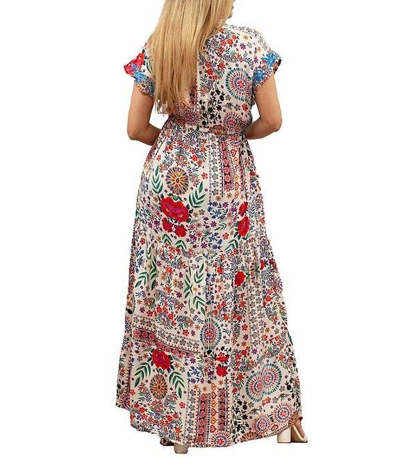 Karyn Seo Gypsy Bohemian Print Cinched Waist V-Neck Short Sleeve Maxi Dress Product Image