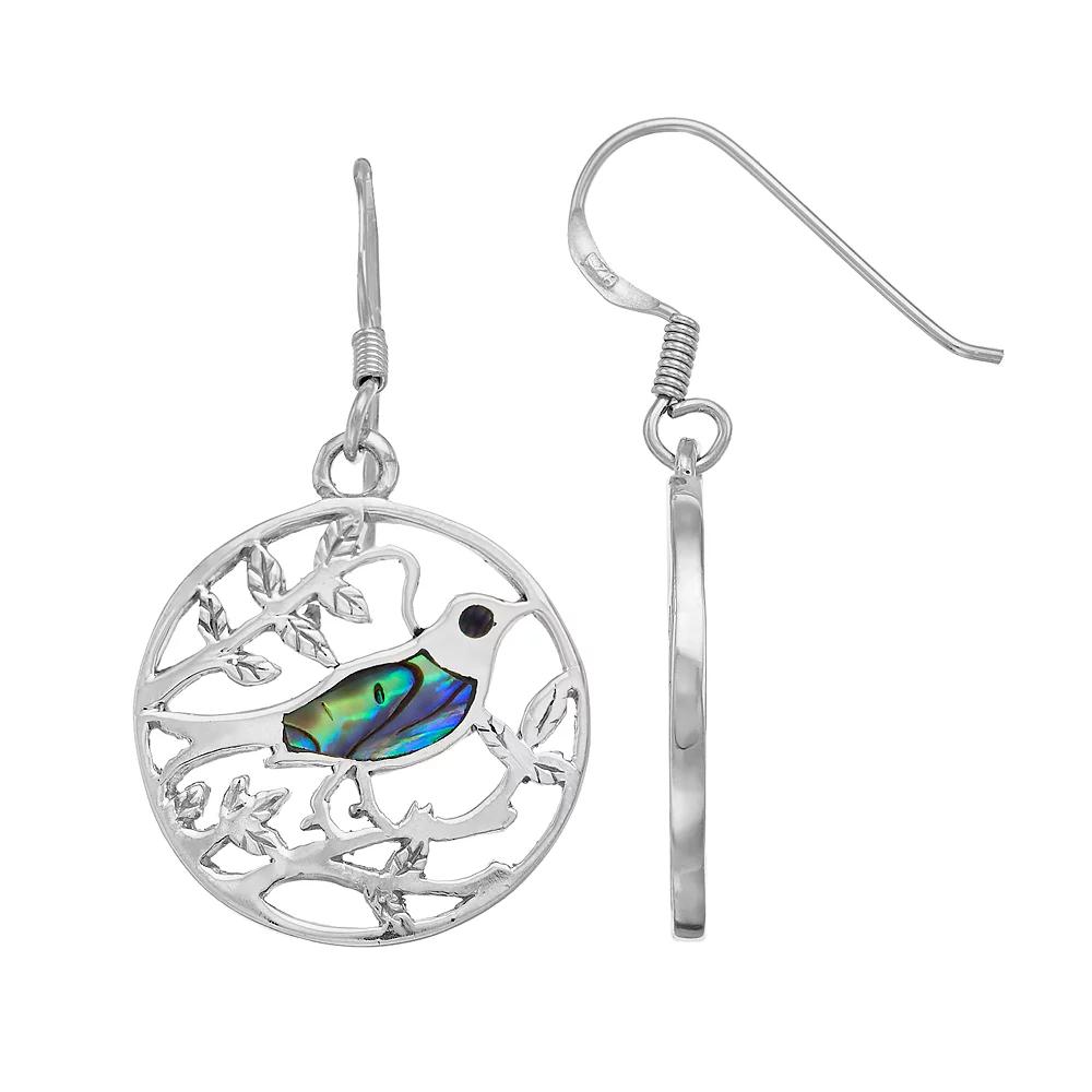 Sterling Silver Abalone Bird Hoop Drop Earrings, Women's Product Image