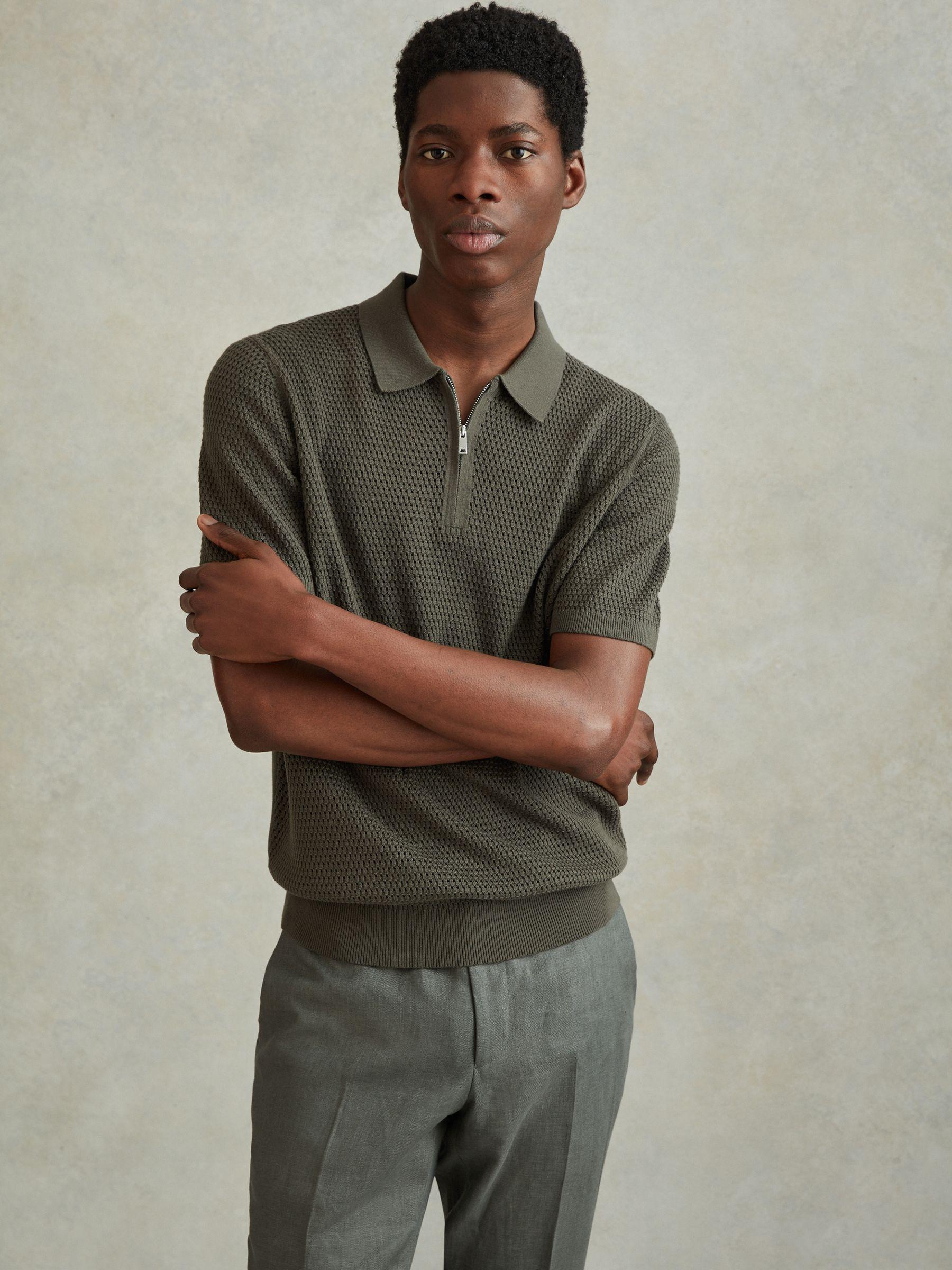 Cotton Blend Textured Half-Zip Polo Shirt in Dark Sage Product Image