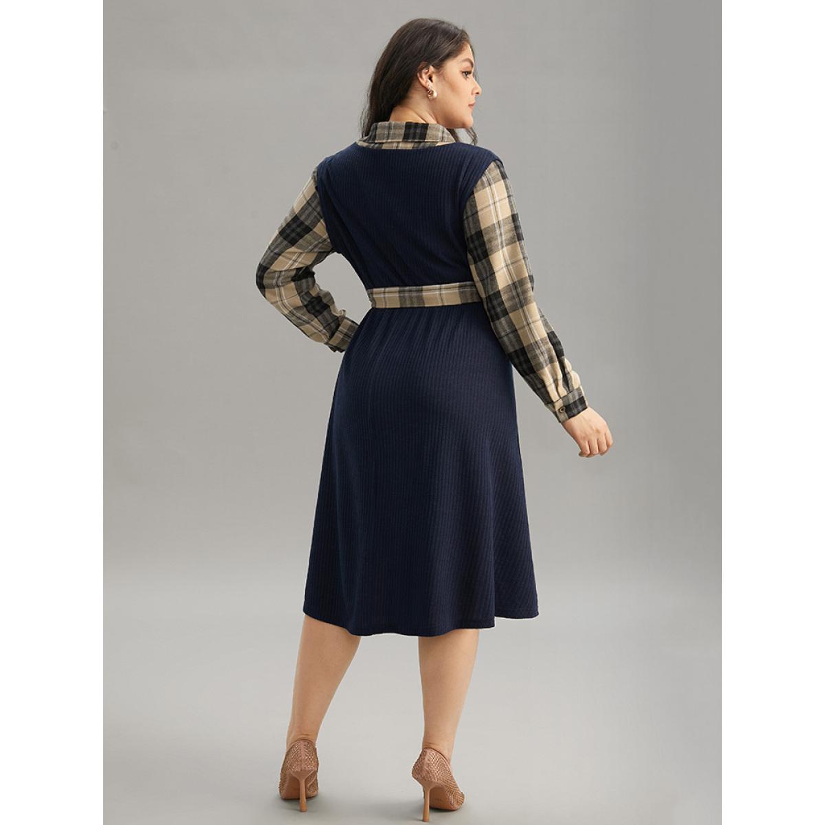 Plus Size Plaid Patchwork Rib Knit Shirt Collar Belted Dress Indigo Women Office Printed Shirt collar Long Sleeve Curvy Midi Dress BloomChic 14-16/1X Product Image
