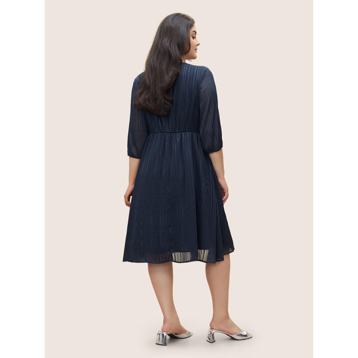 Plus Size Textured Chiffon Mesh Patchwork Ruched Dress Indigo Women At the Office Non V-neck Elbow-length sleeve Curvy Midi Dress BloomChic 14-16/1X Product Image
