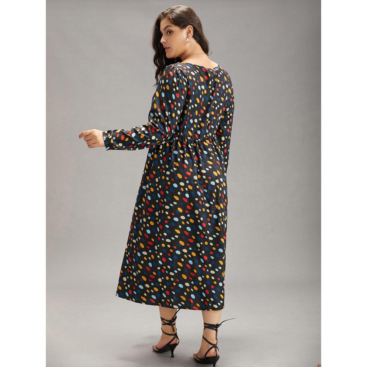 Plus Size Contrast Polka Dot Pocket Long Sleeve Dress Black Women Elegant Printed Square Neck Long Sleeve Curvy Midi Dress BloomChic 12/L Product Image