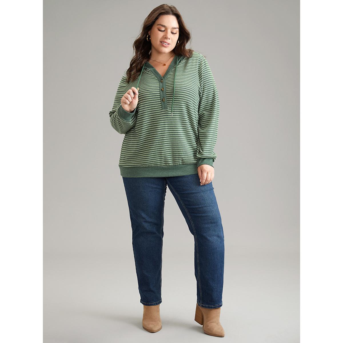 Plus Size Striped Hooded Drawstring Button Up Fluffy Sweatshirt Women Green Elegant Button Hooded Dailywear Sweatshirts BloomChic 18-20/2X Product Image