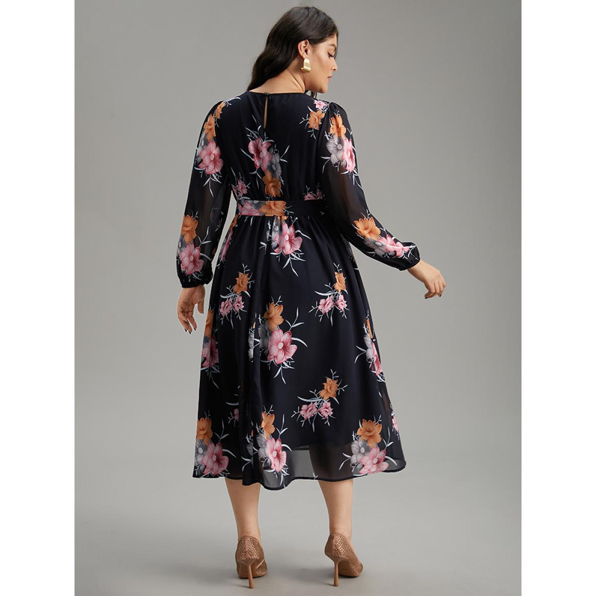 Plus Size Chiffon Floral Print Keyhole Belted Pocket Dress DarkBlue Women Elegant Elastic cuffs Keyhole Cut-Out Long Sleeve Curvy Midi Dress BloomChic 14-16/1X Product Image