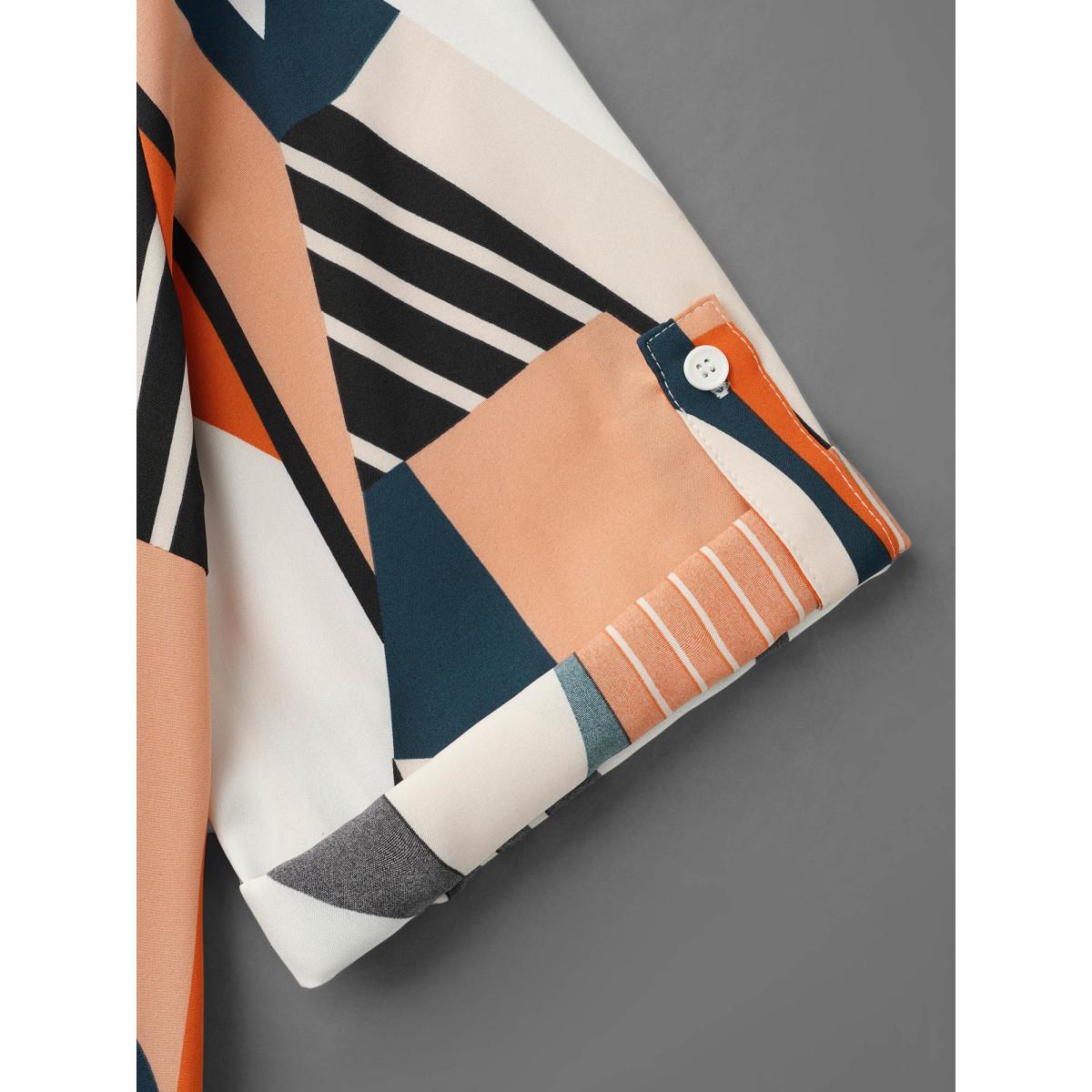 Plus Size Multicolor Abstract Print Tab Sleeve Blouse Women Office Elbow-length sleeve V-neck Office Blouses BloomChic 10/M Product Image