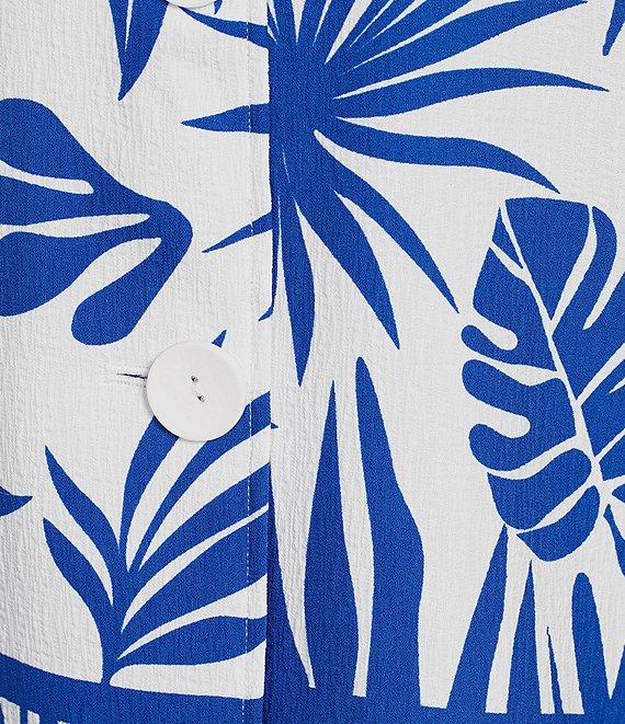 Multiples Plus Size Bark Cloth Border Print Wire Collar 3/4 Sleeve Fitted Button Front Top Product Image