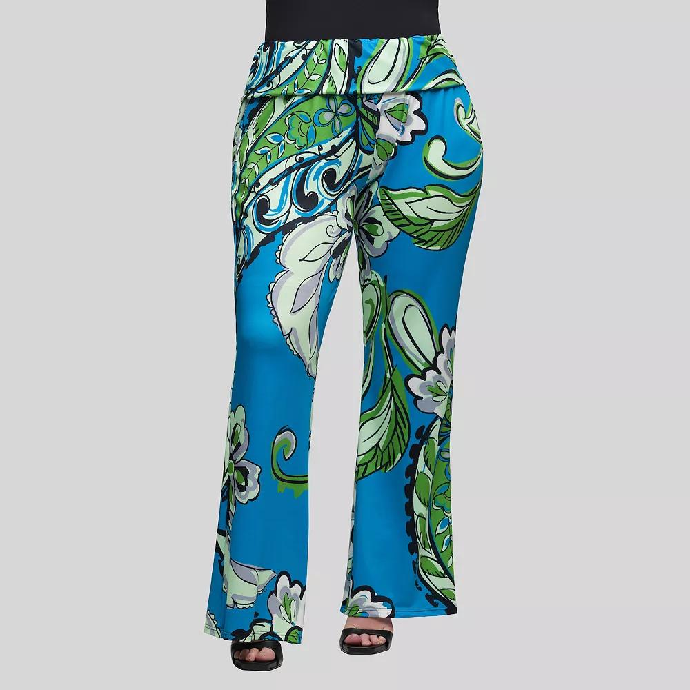 Plus Size 24Seven Comfort Apparel Bell Bottom Foldover Waist Pants, Women's, Size: 3XL, Blue Team Product Image