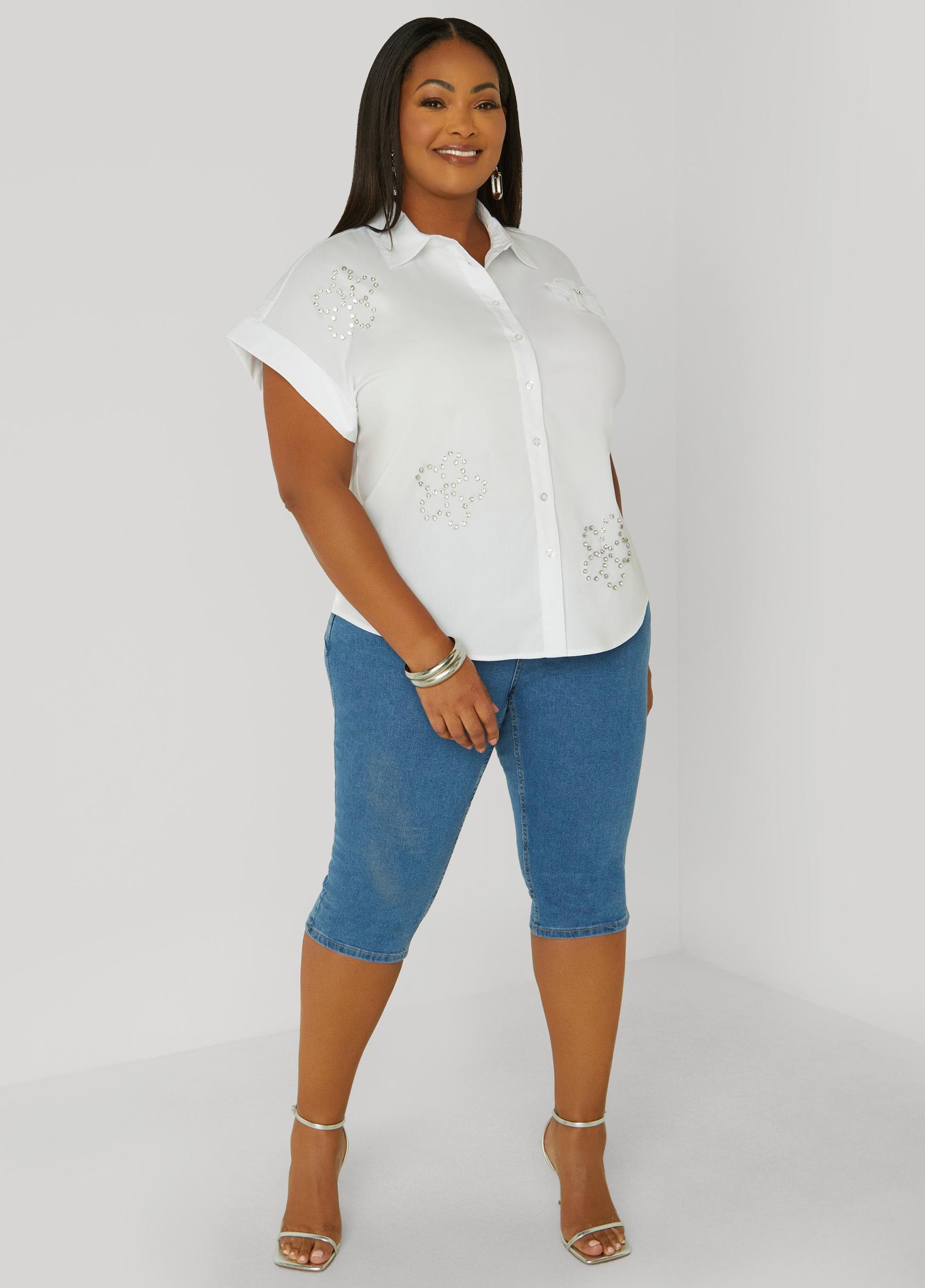 Plus Size Floral Embellished Poplin Shirt Ashley Stewart Product Image