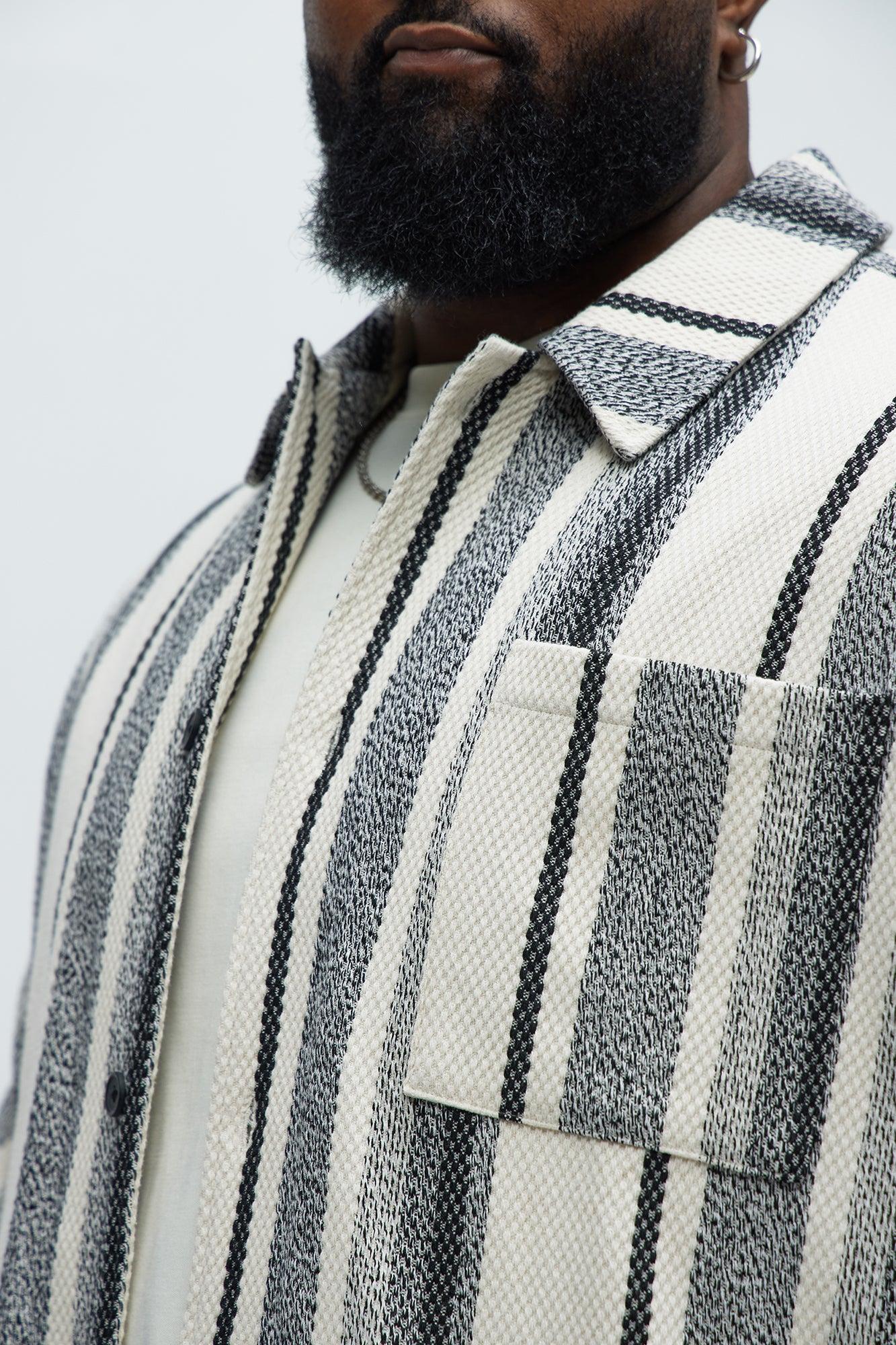 Chunky Weave Striped Oversized Shirt - Black/combo Product Image