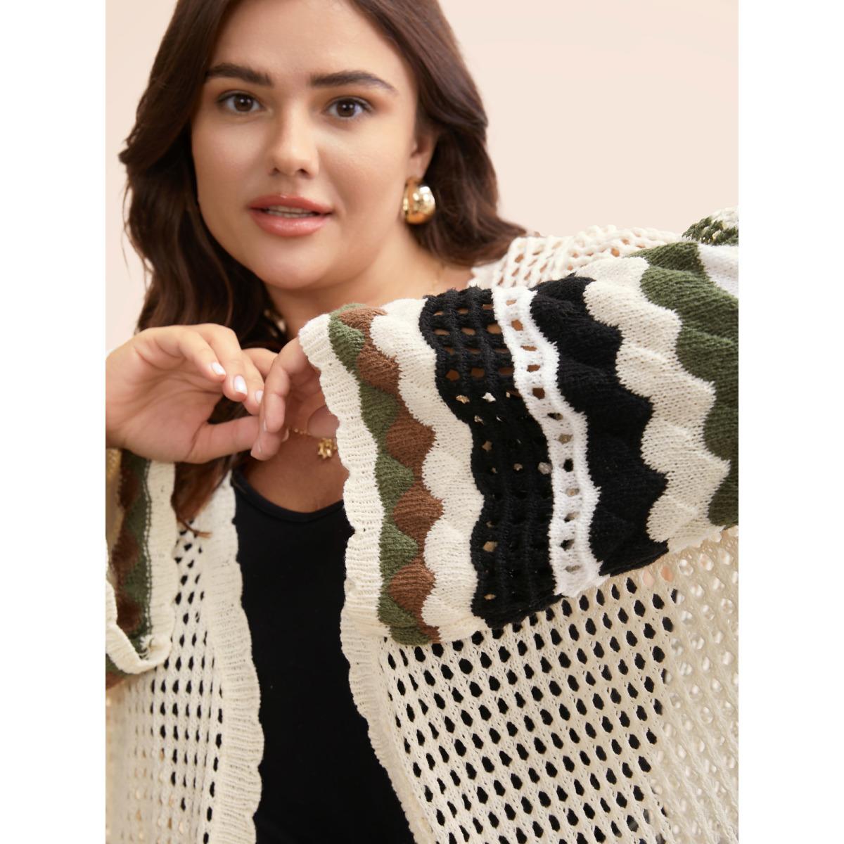 Plus Size Striped Cut Out Bell Sleeve Cardigan Beige Women Leisure Loose Three Quarter Length Sleeve Casual Cardigans BloomChic 10/M Product Image