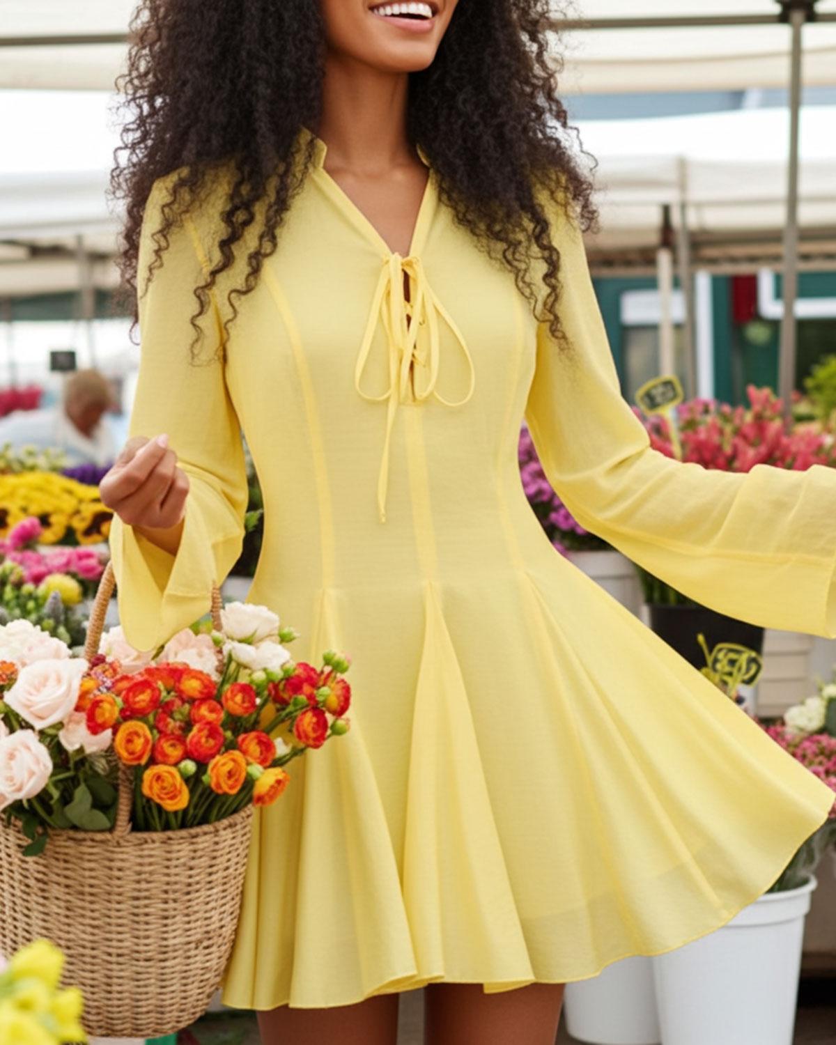 Yellow Bell Sleeve A-Line Mini Dress Product Image