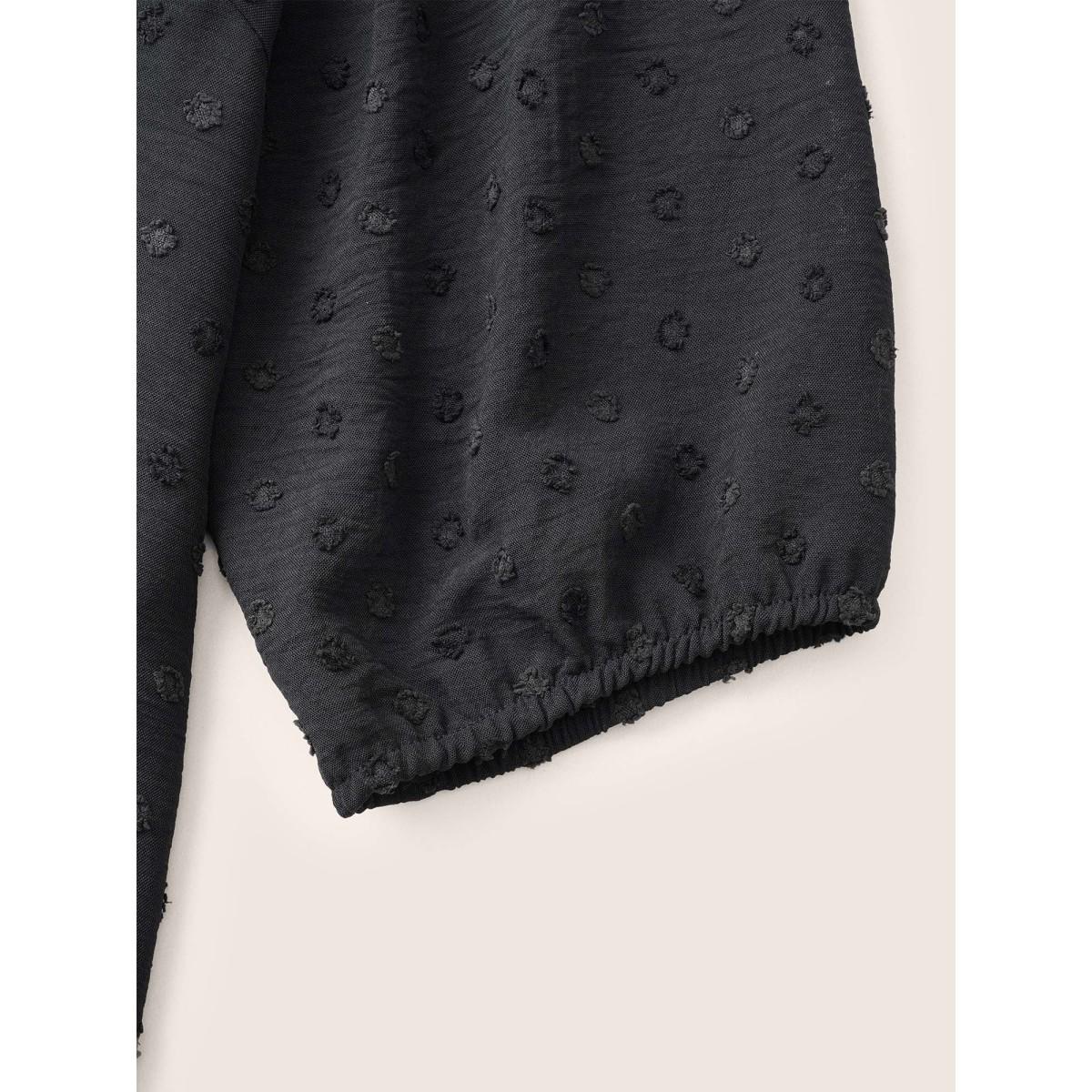 Plus Size Black Texture Drawstring Lantern Sleeve Arc Hem Blouse Women Casual Elbow-length sleeve V-neck Everyday Blouses BloomChic 14-16/1X Product Image