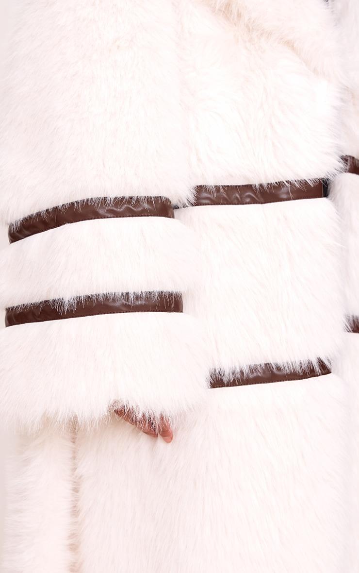 White Faux Fur Contrasting Faux Leather Trim Maxi Coat Product Image
