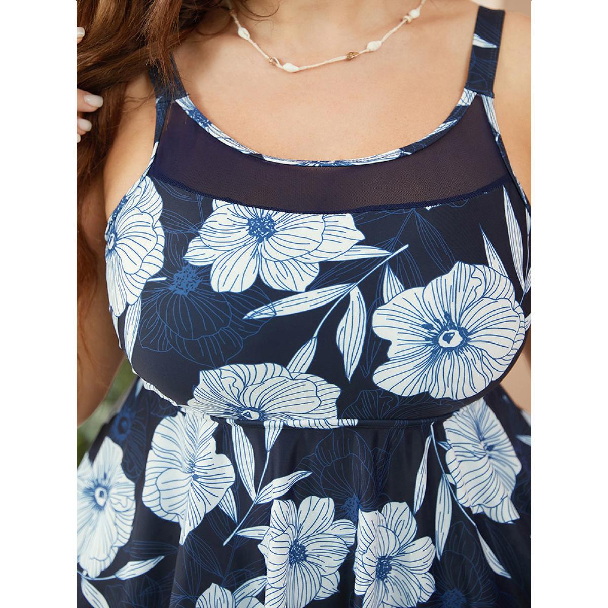 Plus Size Floral Flutter Hem Mesh Patchwork Swim Dress Women's Swimwear Indigo Vacation Bodycon Round Neck High stretch Curve Swim Dresses BloomChic 10/M Product Image