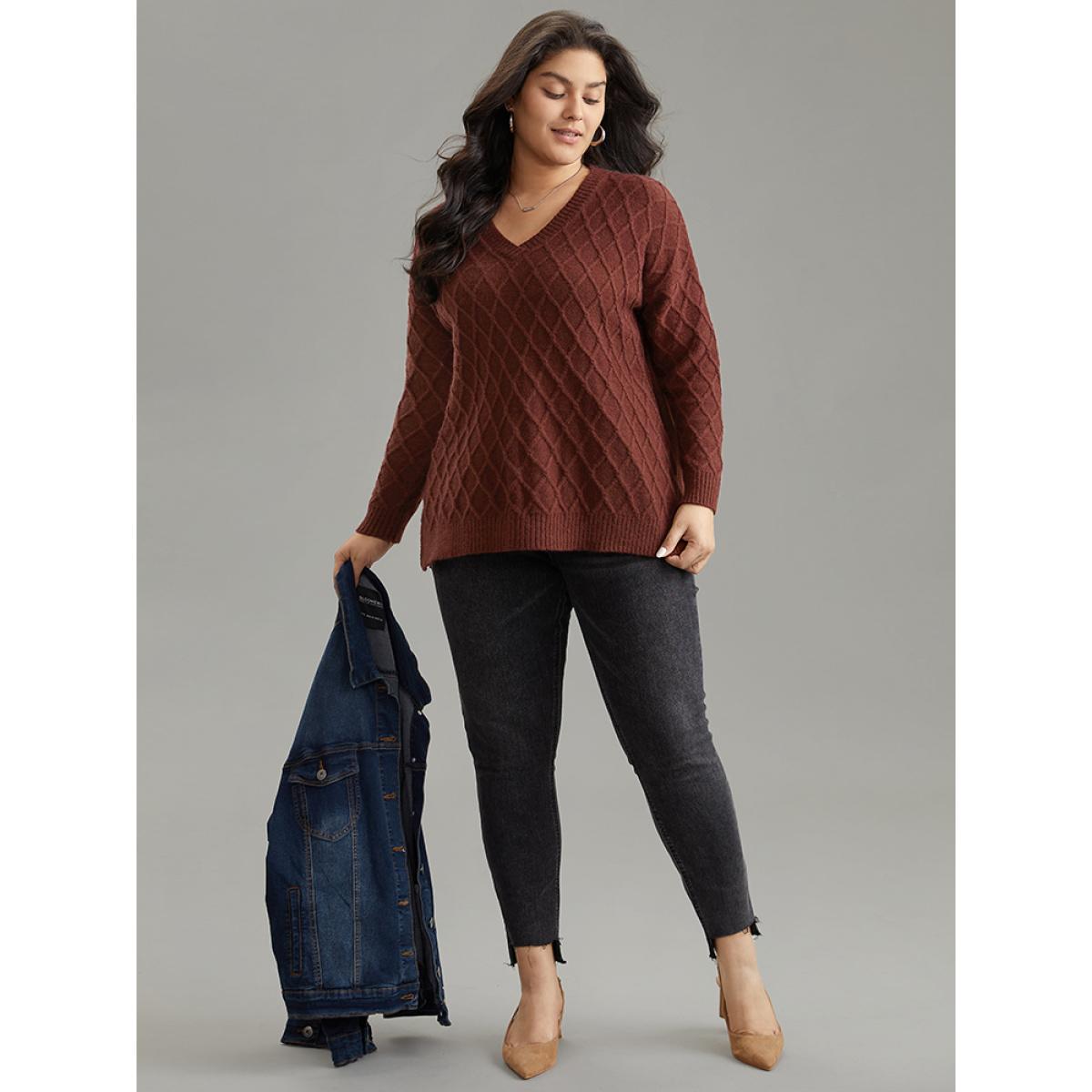 Plus Size Supersoft Essentials V Neck Solid Split Side Cable Knit Pullover Scarlet Women Casual Loose Long Sleeve V-neck Everyday Pullovers BloomChic 12/L Product Image