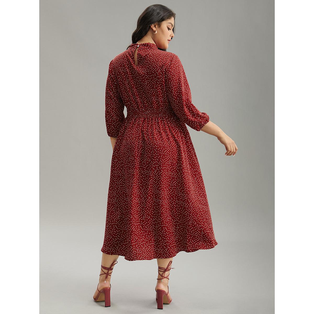 Plus Size Polka Dot Keyhole Pocket Mock Neck Dress Scarlet Women Elegant Elastic cuffs Mock Neck Elbow-length sleeve Curvy Midi Dress BloomChic 22-24/3X Product Image