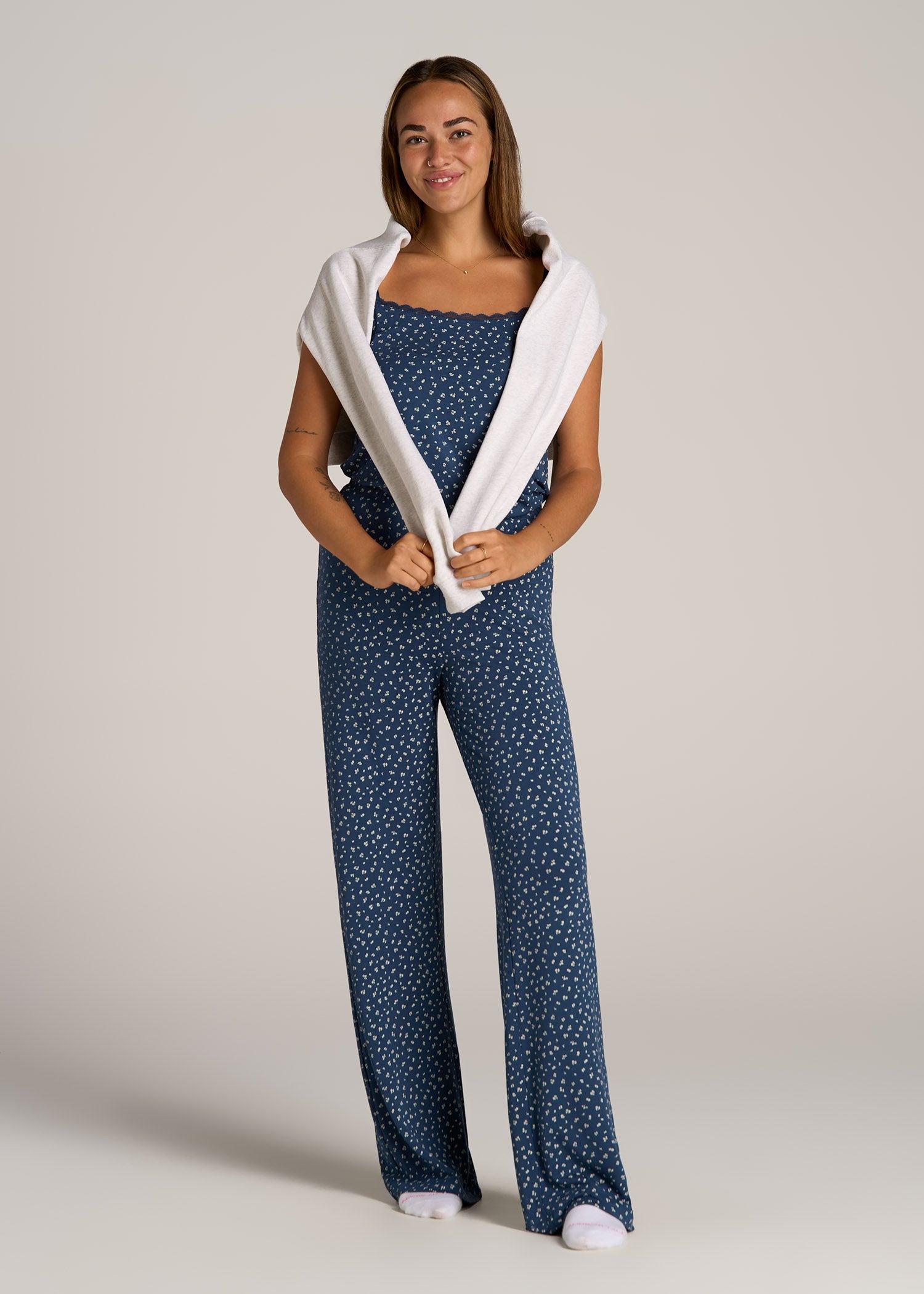 Wide Leg Women's Tall Pajama Pants in Blue Ditsy Floral Print Product Image