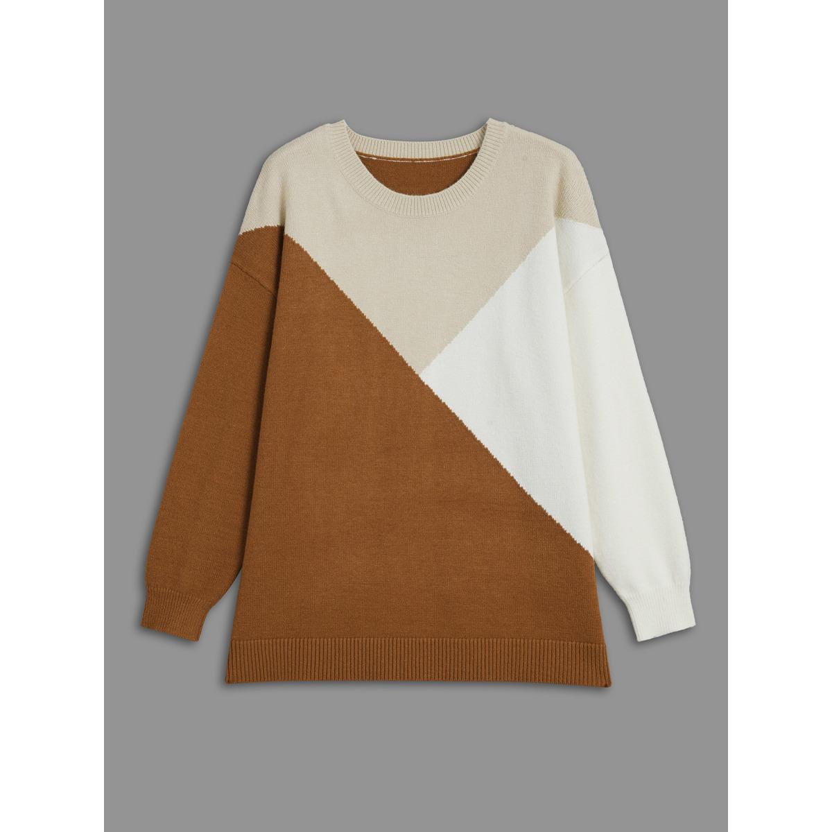 Plus Size Supersoft Essentials Color Block Crew Neck Pullover Yellowishbrown Women Casual Loose Long Sleeve Round Neck Everyday Pullovers BloomChic 22-24/3X Product Image