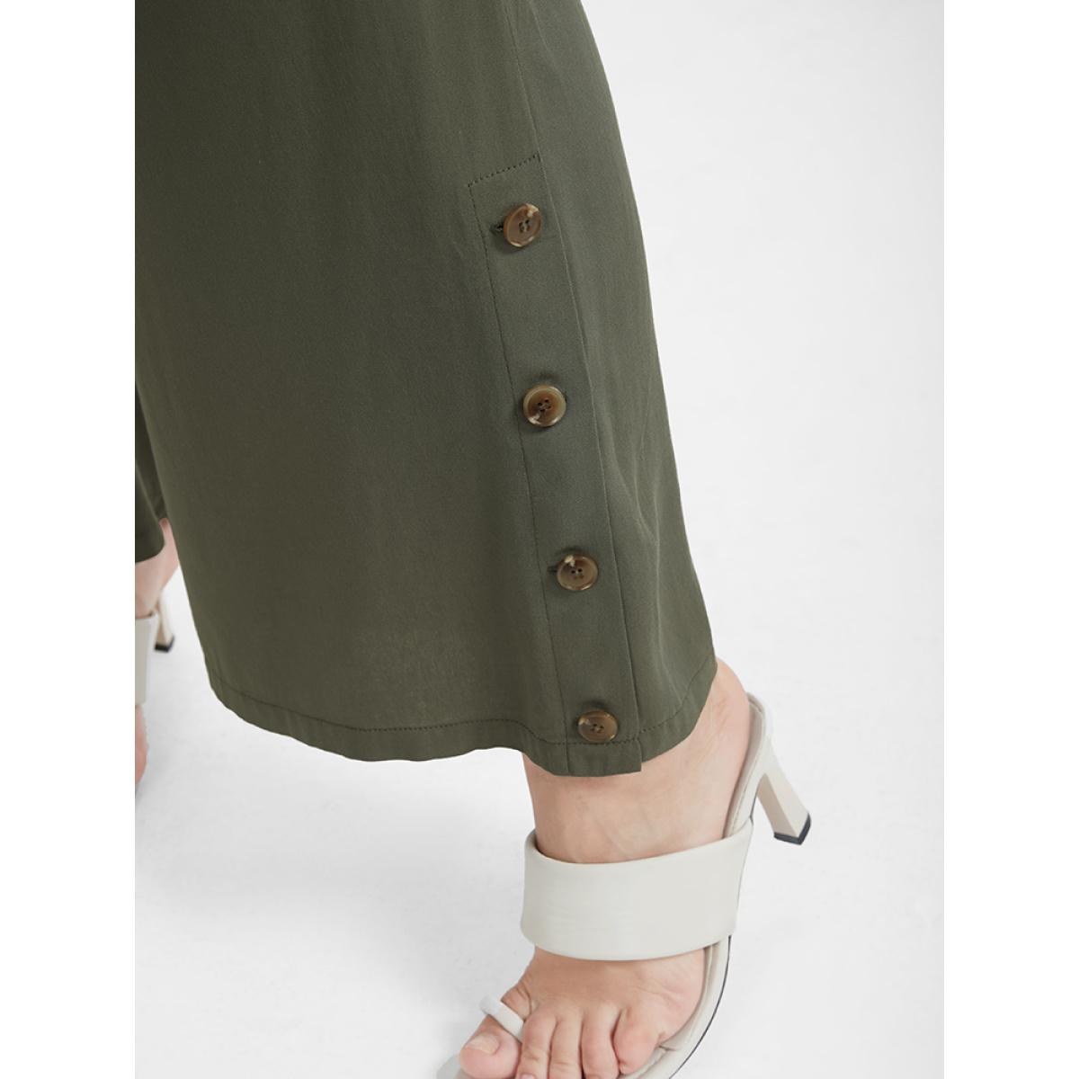 Plus Size Solid Button Elastic Waist Pocket Loose Pants Women ArmyGreen Elegant High Rise Dailywear Pants BloomChic 18-20/2X Product Image
