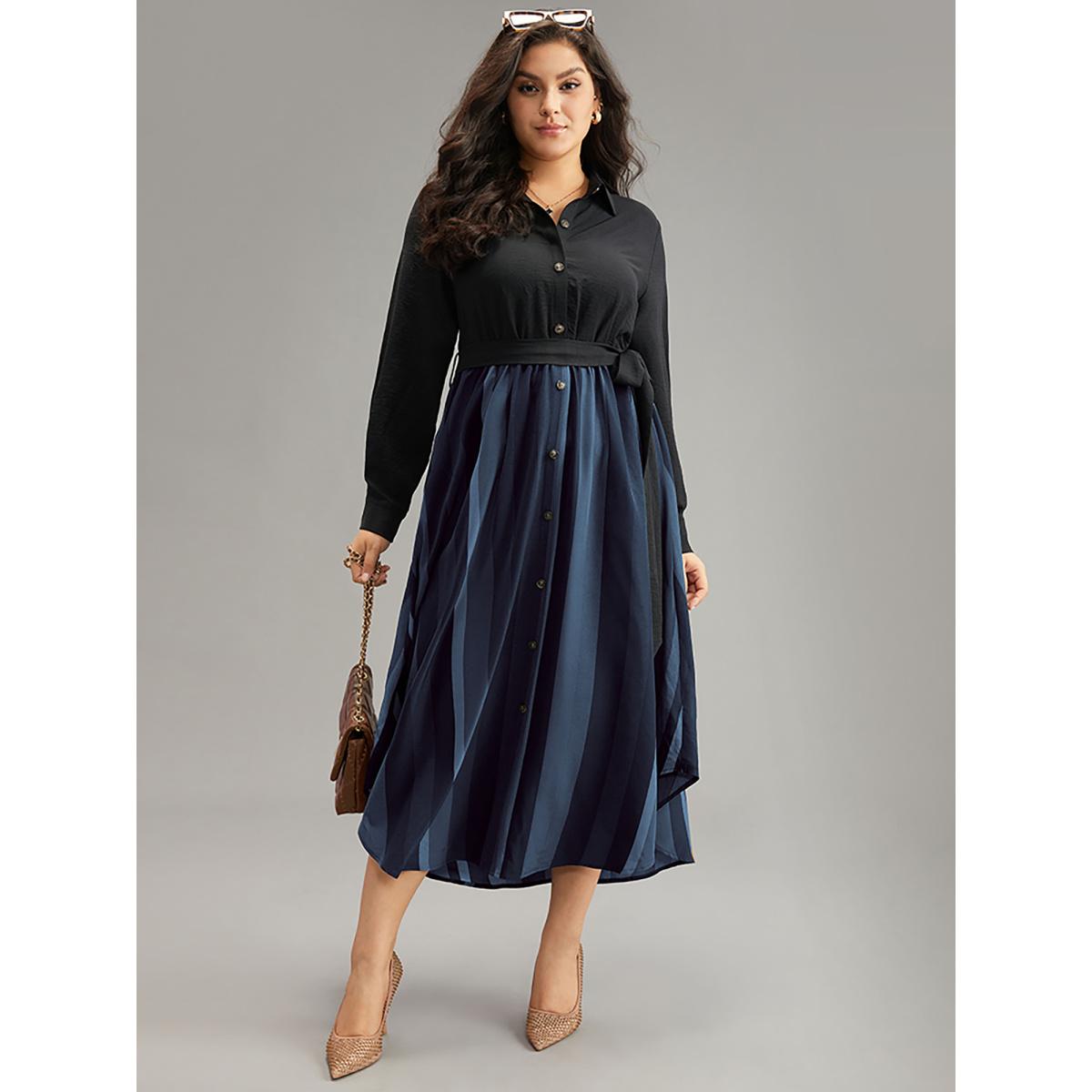 Plus Size Colour Striped Patchwork Belted Button Through Dress Midnight Women Office Belted Shirt collar Long Sleeve Curvy Midi Dress BloomChic 22-24/3X Product Image
