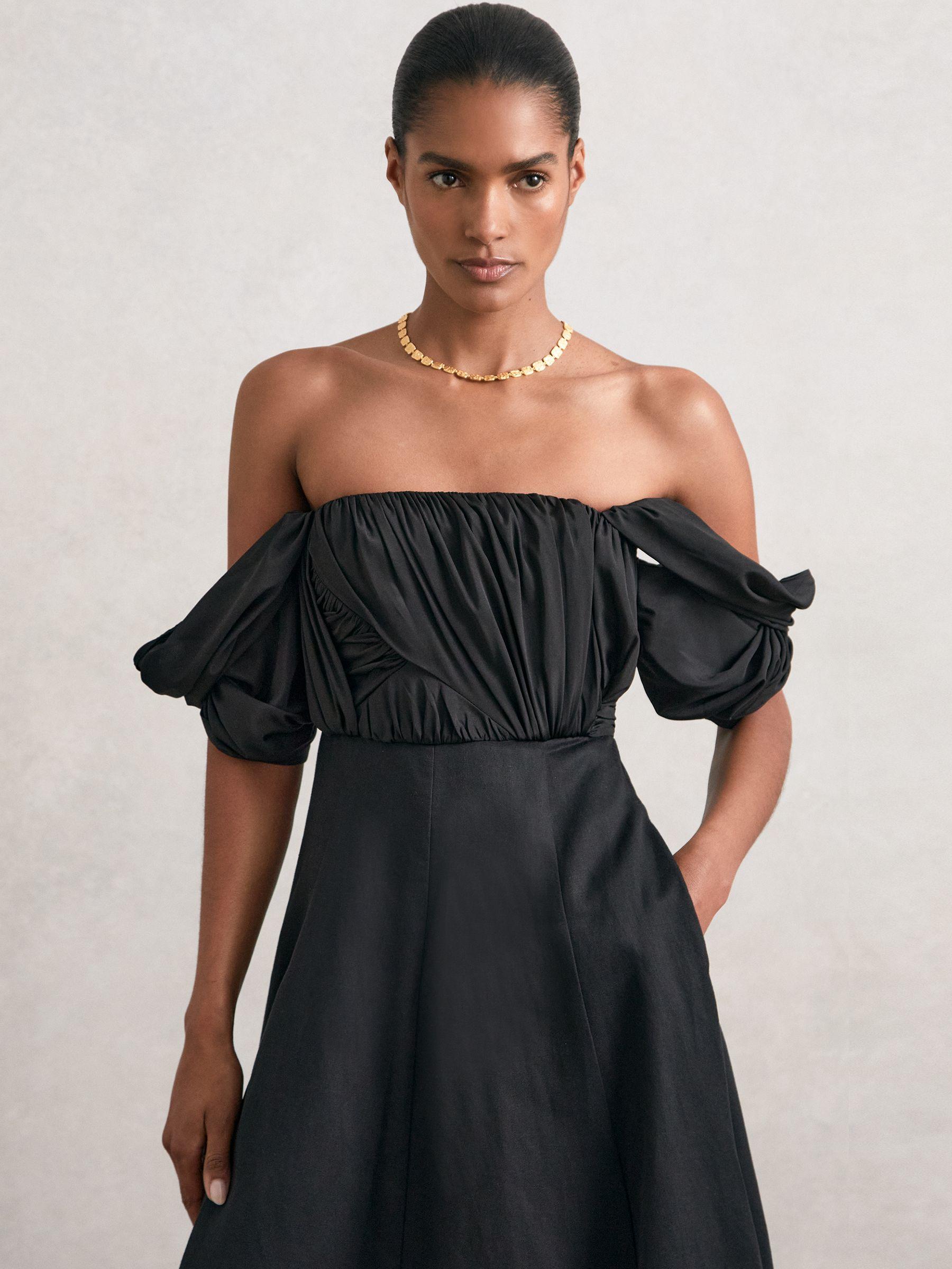Bardot Sculpted Bodice Midi Dress With Linen in Black Product Image