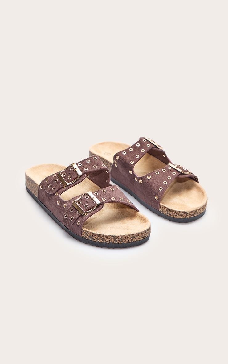 Brown Faux Suede Double Buckle Eyelet Footbed Sandals Product Image