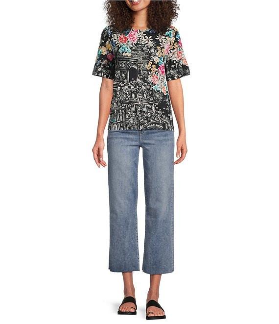 JOHNNY WAS The Janie Favorite Floral & Architecture Print Knit Round Neck Short Elbow Sleeve Button Front Tee Product Image
