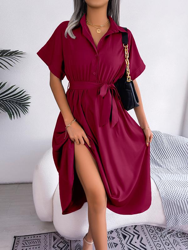 Loose Short Sleeves Solid Color Split-Joint Tied Waist Lapel Midi Dresses Shirt Dress Product Image