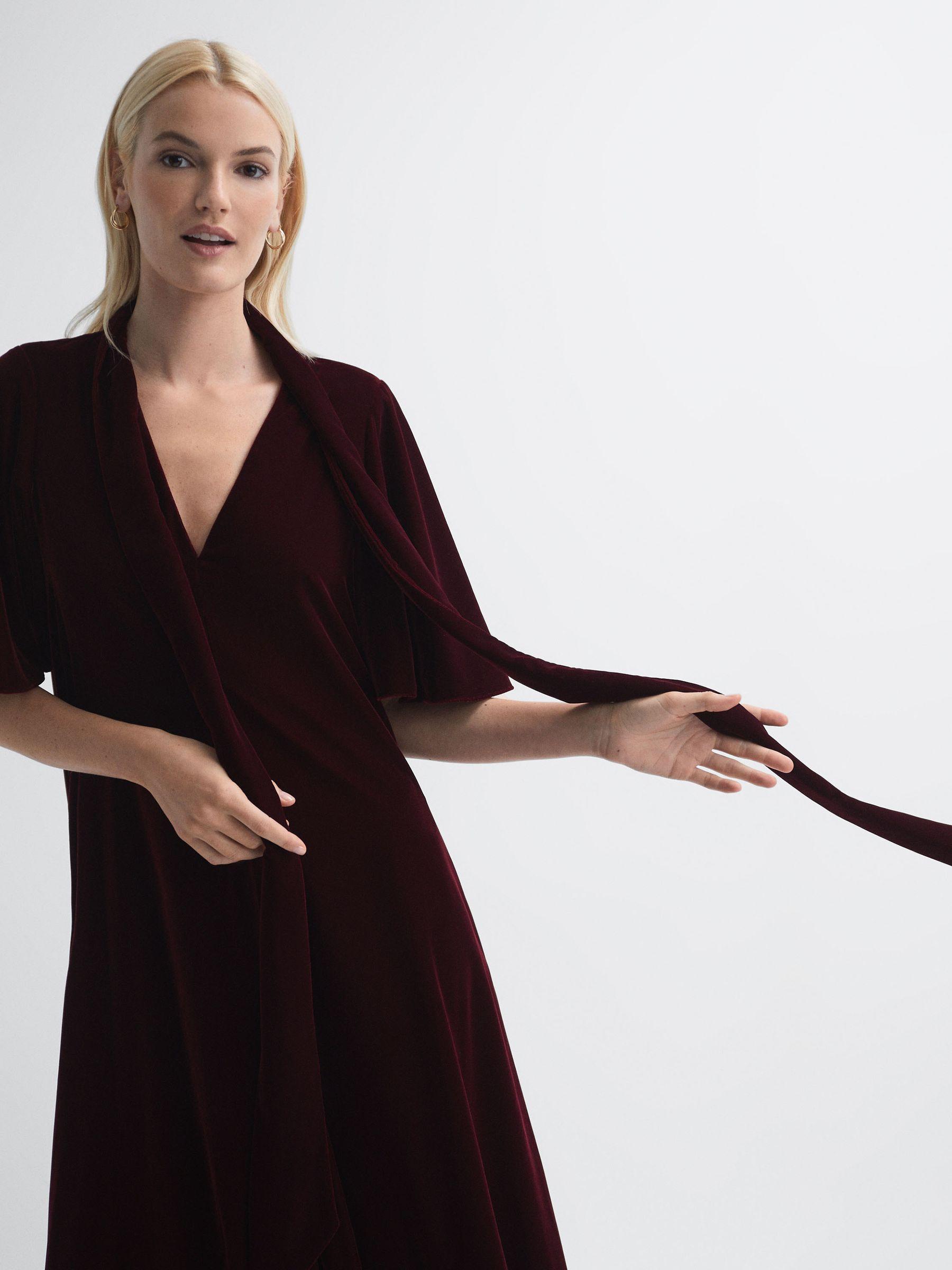 Florere Velvet Tie Neck Midi Dress in Burgundy Product Image