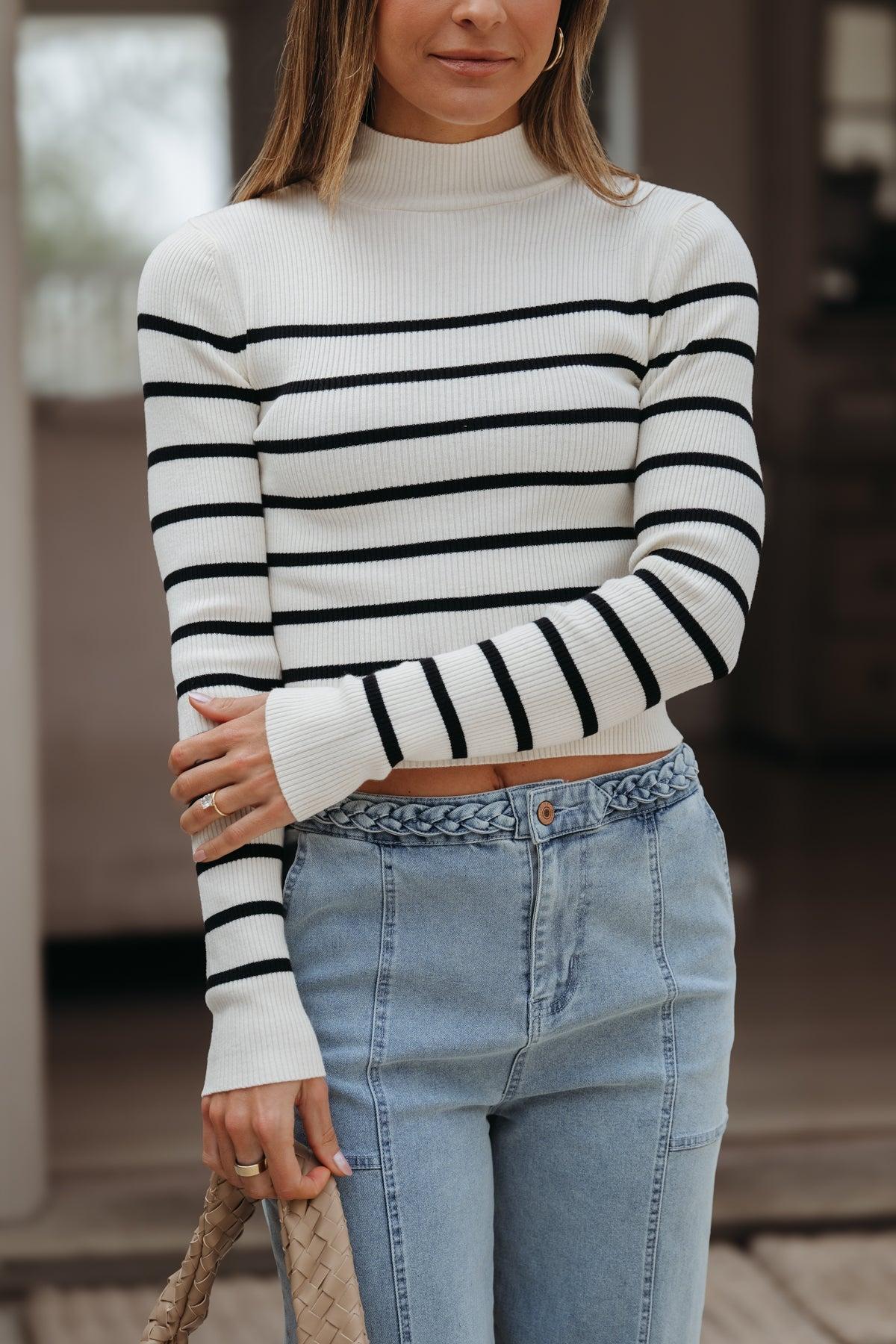 Cream and Black Striped Mock Neck Top - FINAL SALE Product Image