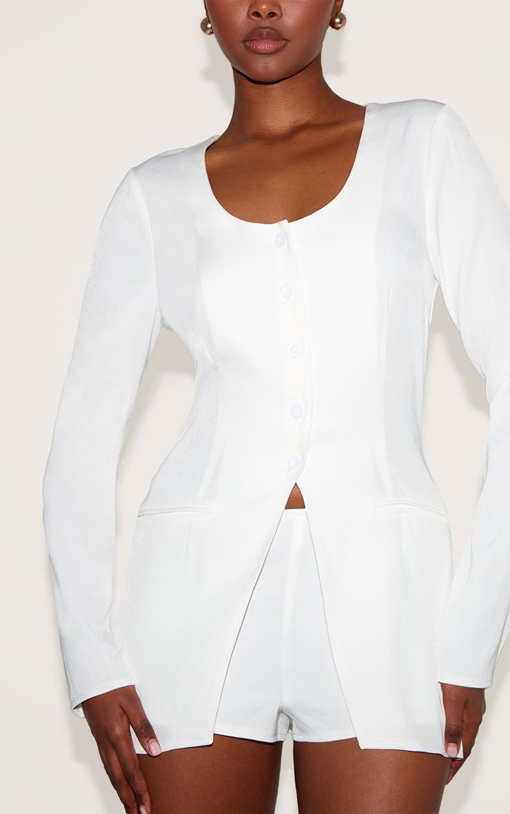 White Tailored Button Down Scoop Neck Romper Product Image