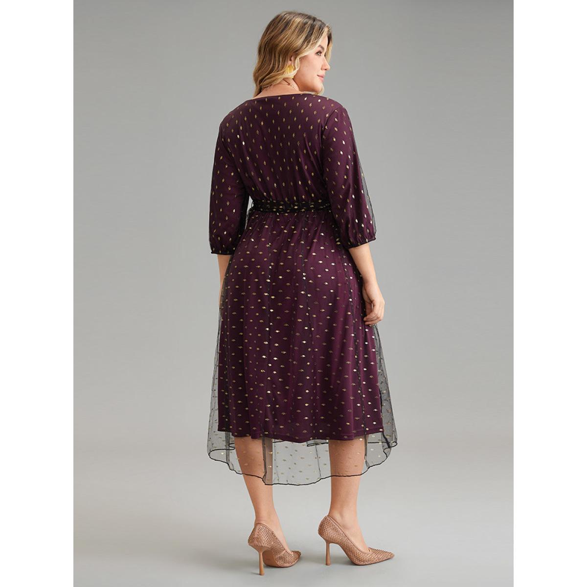 Plus Size Geometric Tiered Mesh Belted Wrap Dress RedViolet Women Glamour Elastic cuffs Overlap Collar Elbow-length sleeve Curvy Midi Dress BloomChic 14-16/1X Product Image