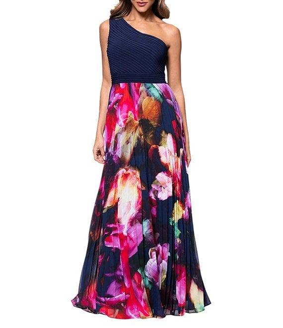 Xscape Chiffon Floral Print One-Shoulder Neck Sleeveless Pleated A-Line Gown Product Image