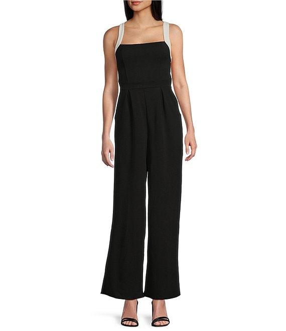 Honey and Rosie Scuba Crepe Square Neck Contrast Straps and Tie Back Pleated Front Jumpsuit Product Image