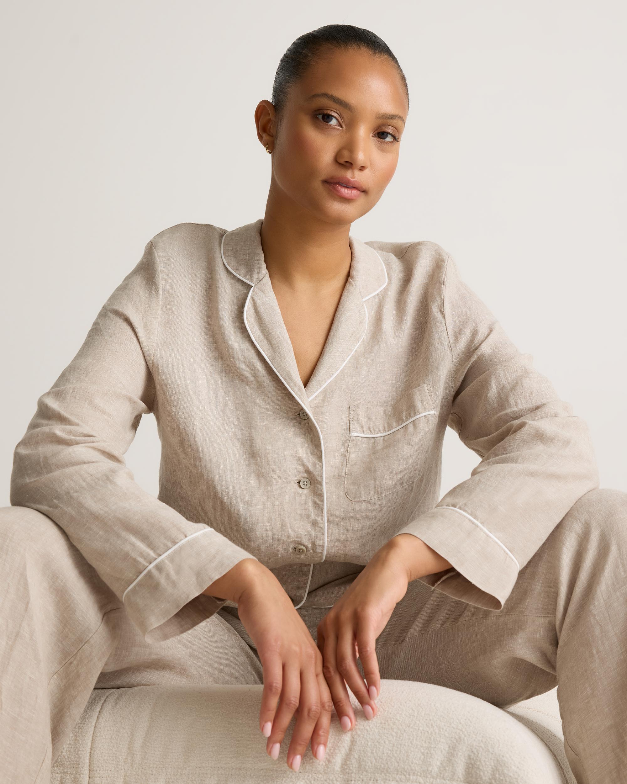 Quince | Women's 100% European Linen Long Sleeve Pajama Set with Piping Size XL Product Image