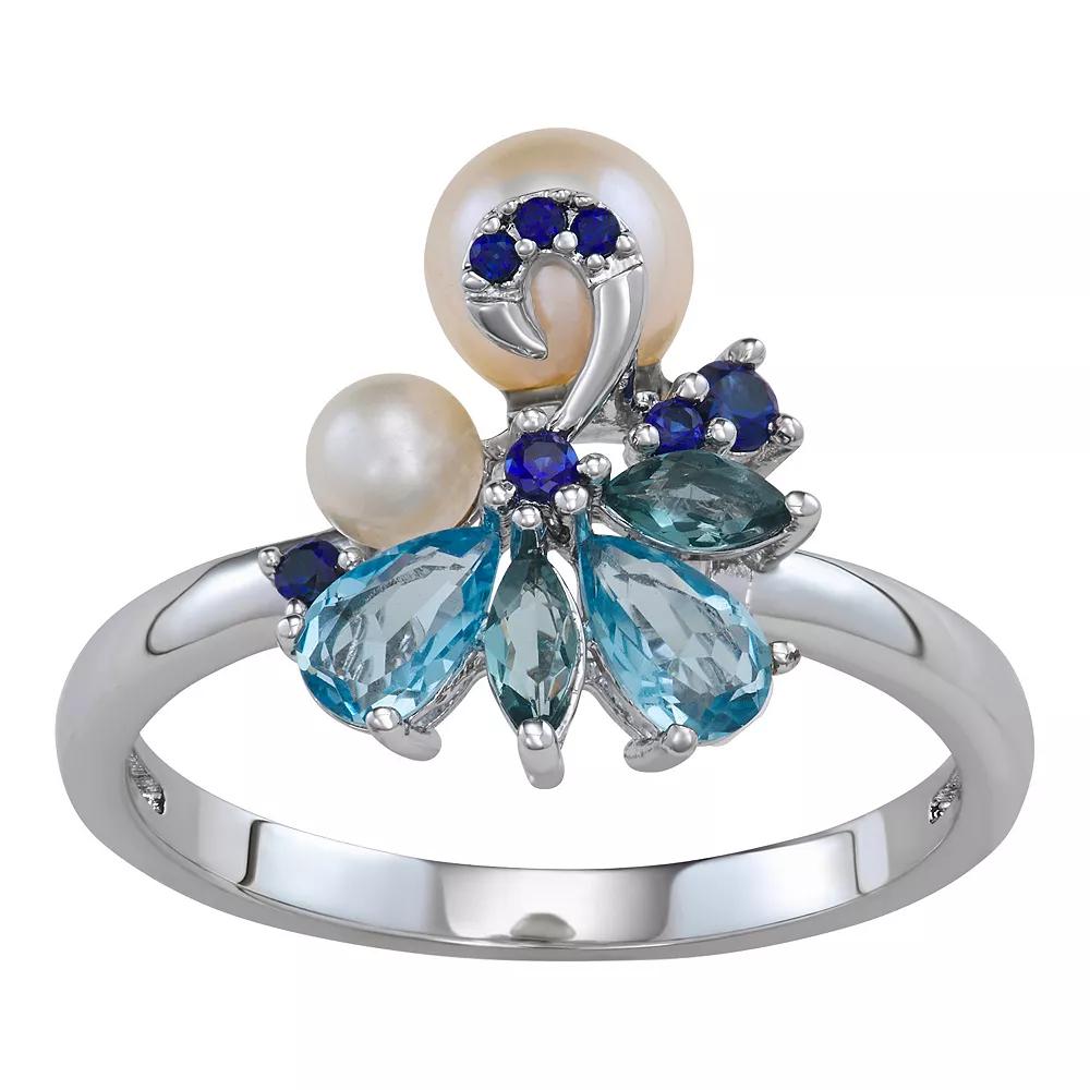 Sterling Silver Freshwater Cultured Pearl Blue Topaz & Lab-Created Sapphire Cluster Ring, Women's, Size: 7 Product Image