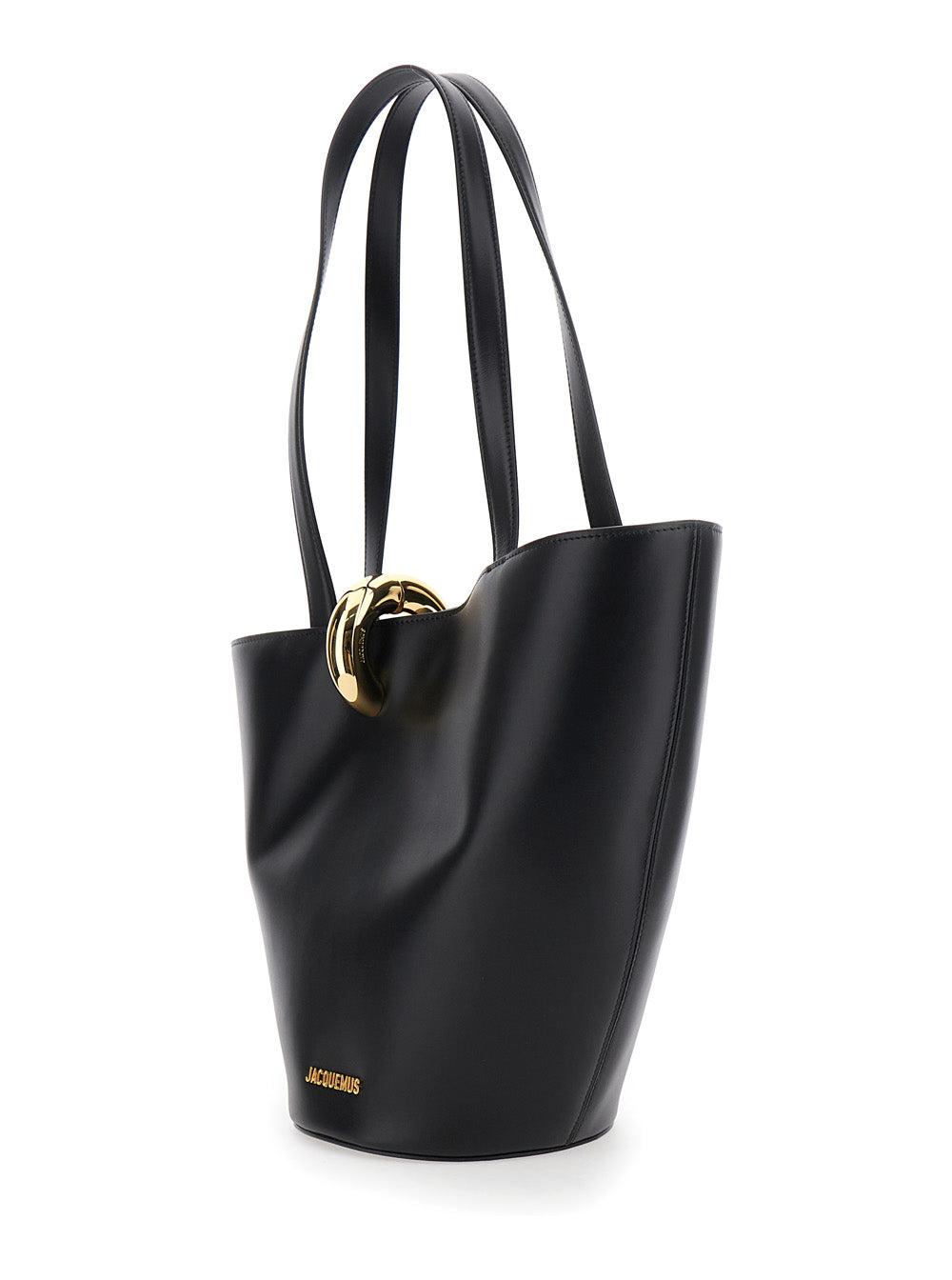 JACQUEMUS The Medium Bambola Asymmetric Leather Bucket Bag In Black 990 Product Image