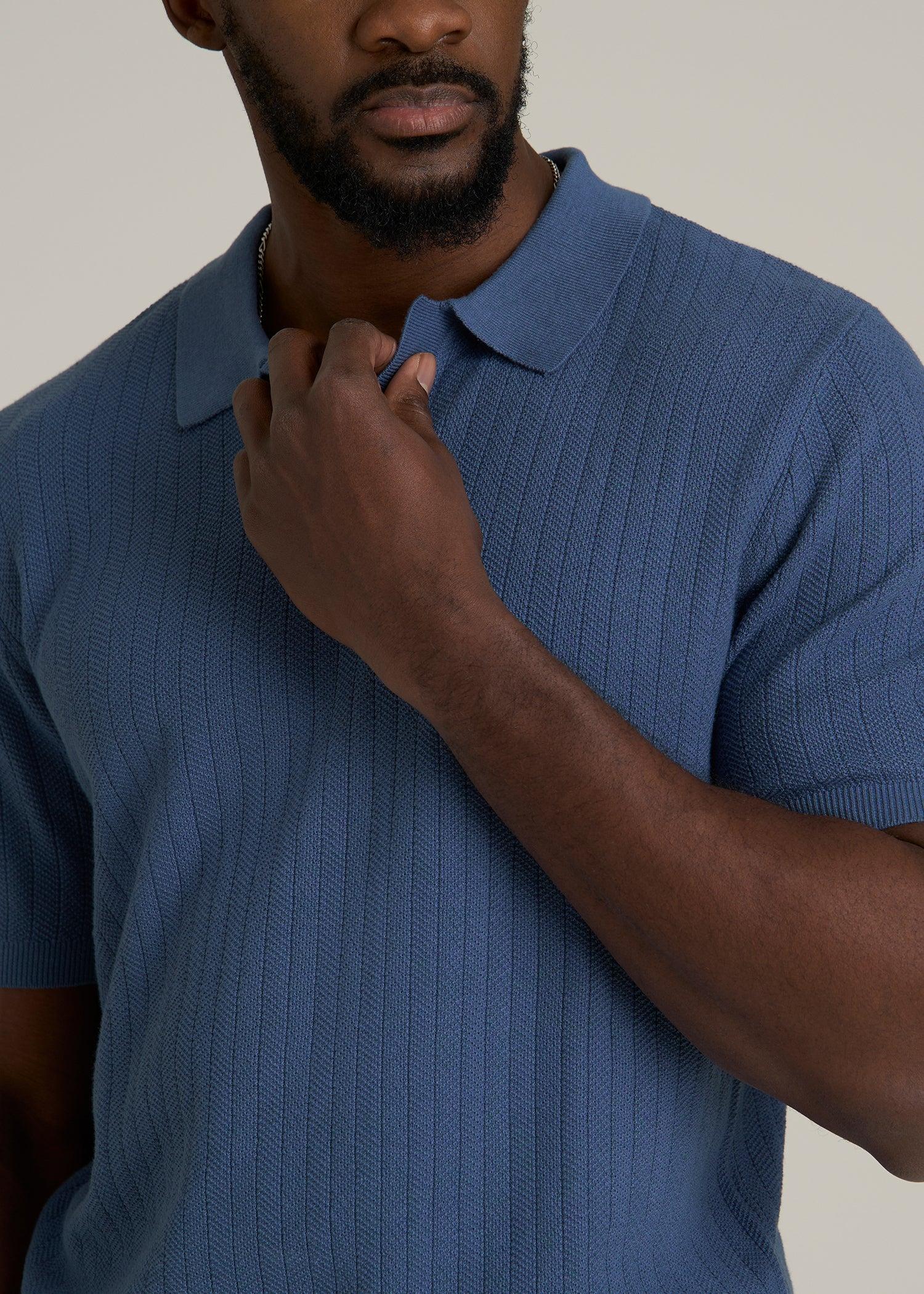 Linen Blend Ribbed Knit Polo Shirt for Tall Men in Steel Blue Male Product Image
